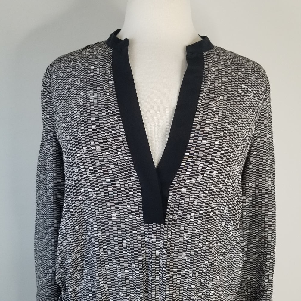 VINCE Drawstring 100% Silk Grid-Print Gray Dress Roll Tab Sleeves Size S - Picture 10 of 16